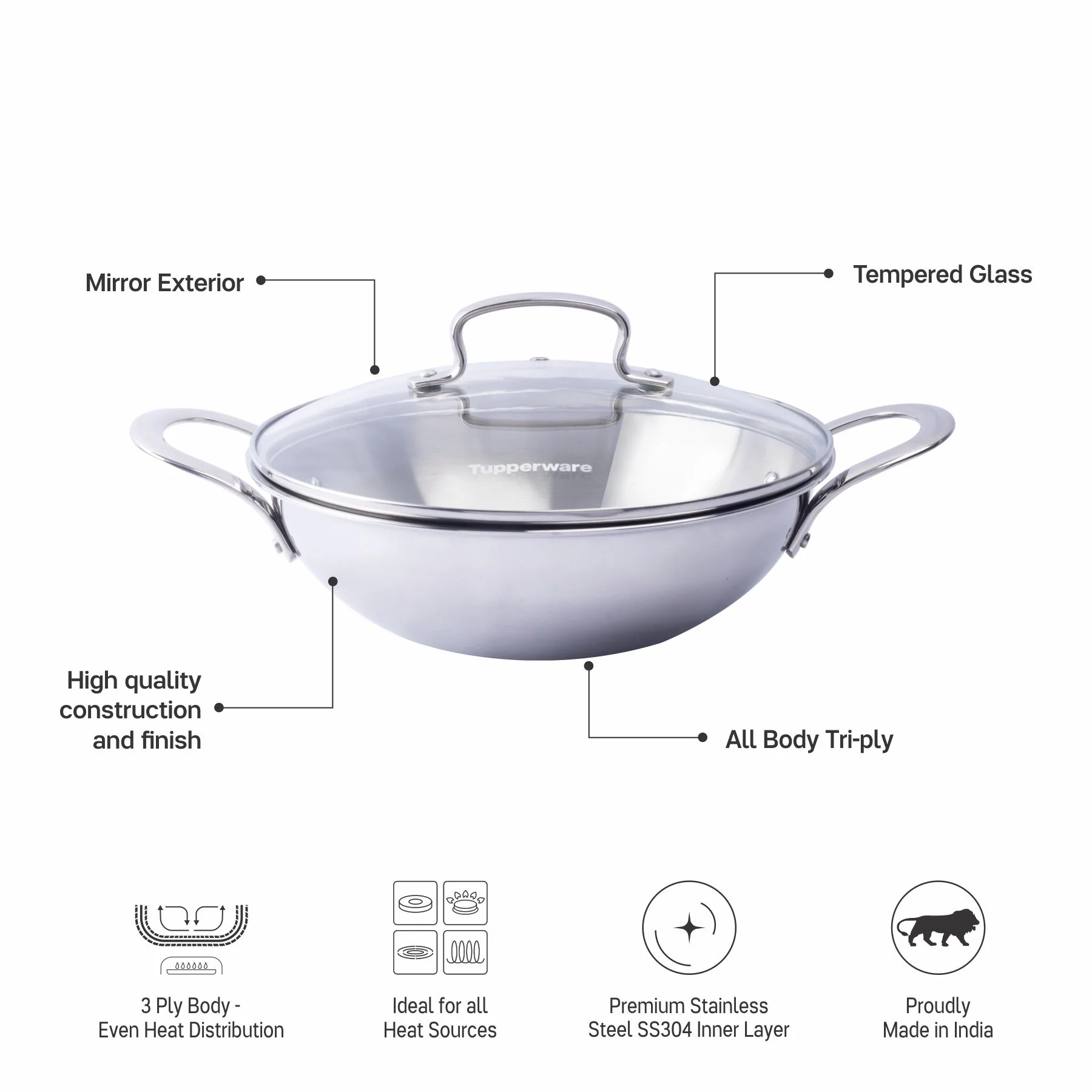 Trayam Tri-ply Casserole + Kadhai with Glass lid (1pc each) - Image 4